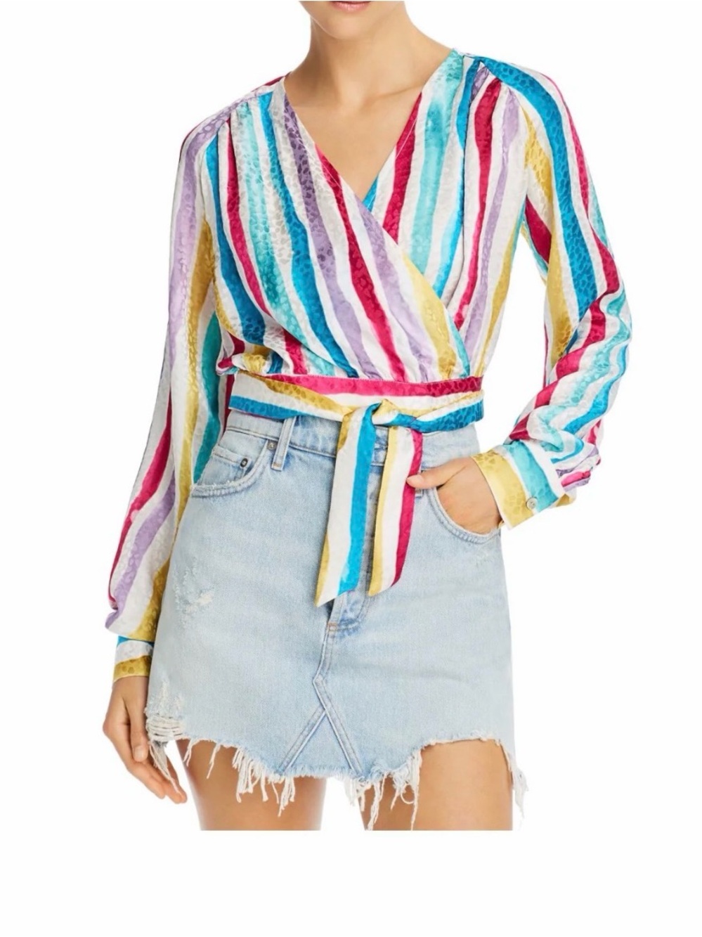 Multi-Stripe Wrap Blouse with Tie Waist - Multi